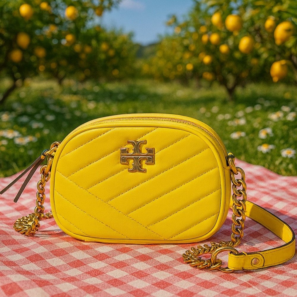 NEW Tory Burch Kira Chevron Goldfinch Yellow Small Camera Bag/Crossbody Bag